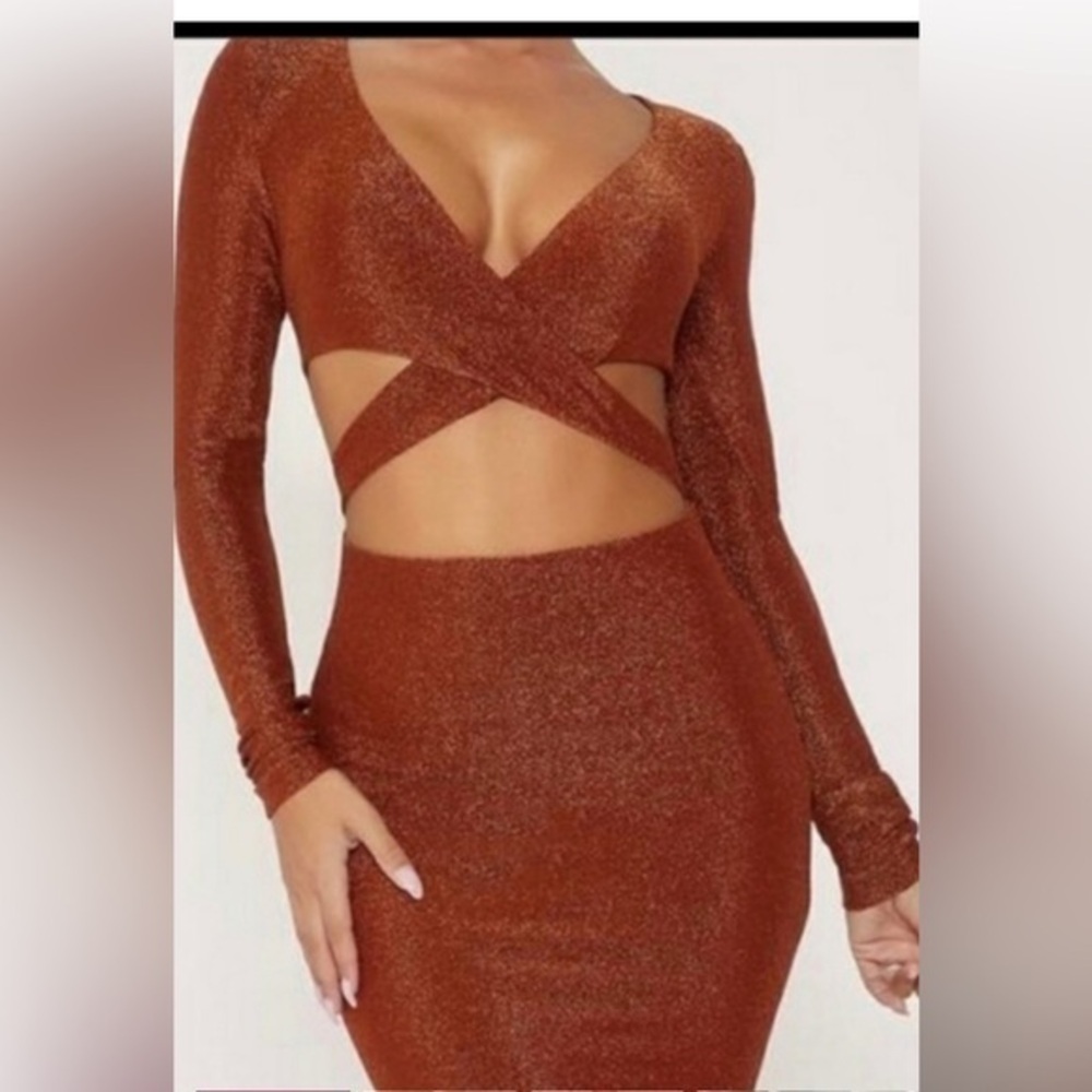 Meshki Rust Metallic Cutout Mini Dress
